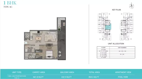 Floor plan, 1 Bed, 894 sq ft