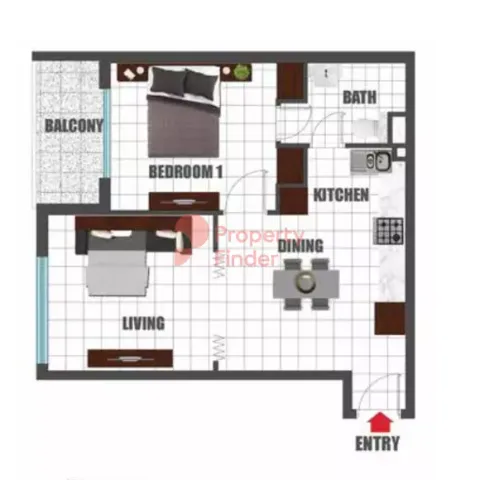 Floor plan, 1 Bed, 424 sq ft
