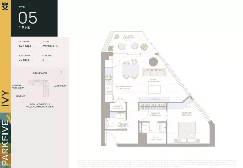 Floor plan, 1 Bed, 699 sq ft