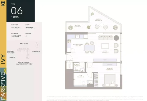 Floor plan, 1 Bed, 874 sq ft