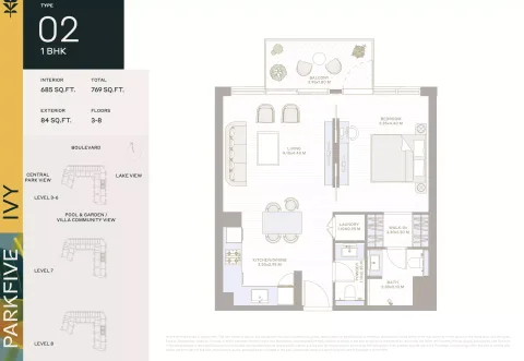 Floor plan, 1 Bed, 769 sq ft