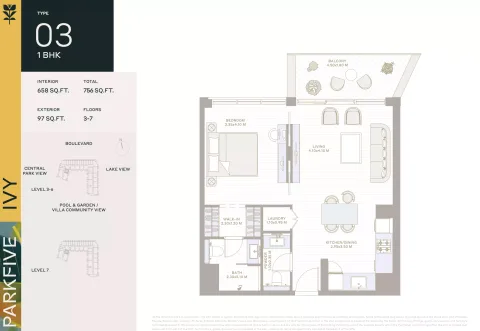 Floor plan, 1 Bed, 756 sq ft