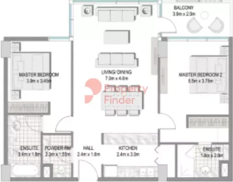 Floor plan, 2 Beds, 1,172 sq ft