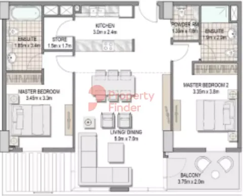 Floor plan, 2 Beds, 1,174 sq ft