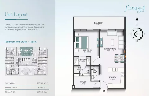 Floor plan, 1 Bed, 864 sq ft
