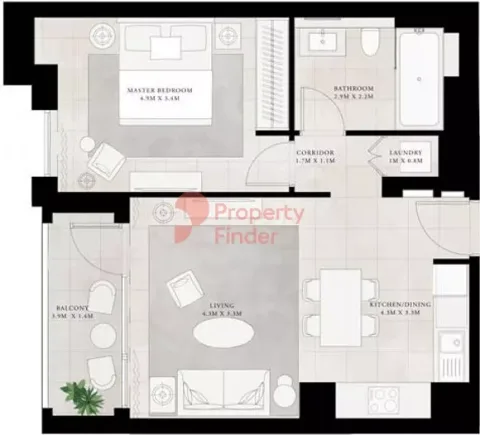 Floor plan, 1 Bed, 701 sq ft