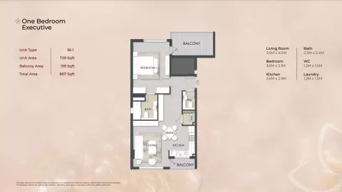 Floor plan, 1 Bed, 867 sq ft