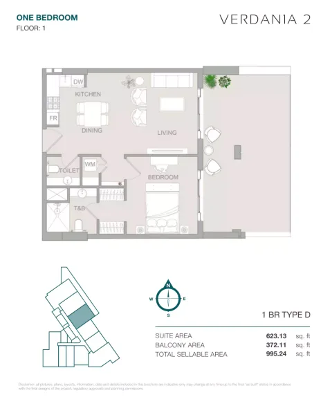 Floor plan, 1 Bed, 995 sq ft