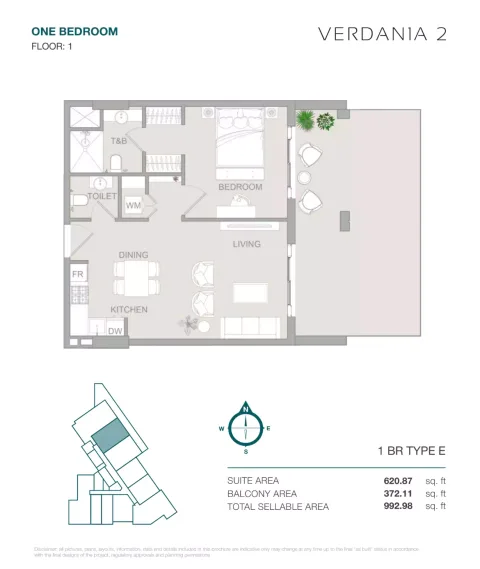 Floor plan, 1 Bed, 992 sq ft