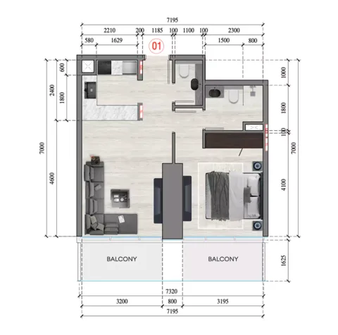 Floor plan, 1 Bed, 670 sq ft