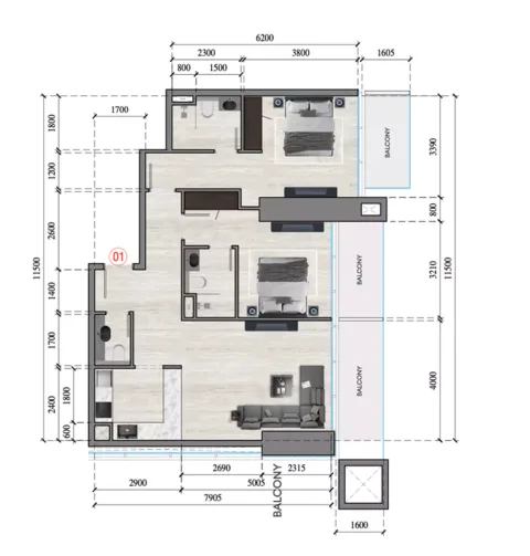 Floor plan, 2 Beds, 1,139 sq ft