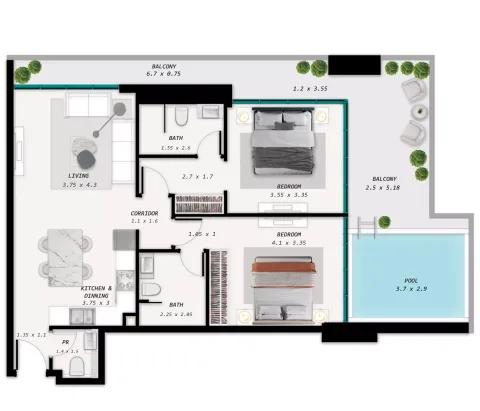 Floor plan, 2 Beds, 1,256 sq ft