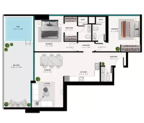 Floor plan, 2 Beds, 1,304 sq ft