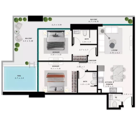 Floor plan, 2 Beds, 1,251 sq ft
