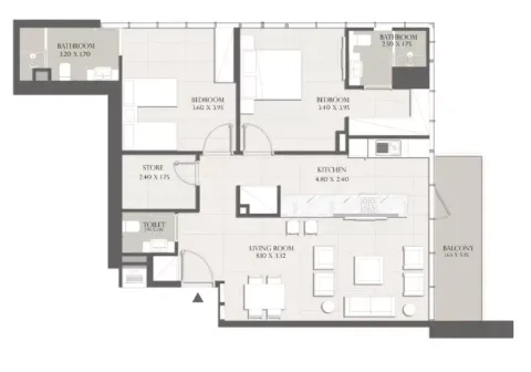 Floor plan, 2 Beds, 1,155 sq ft