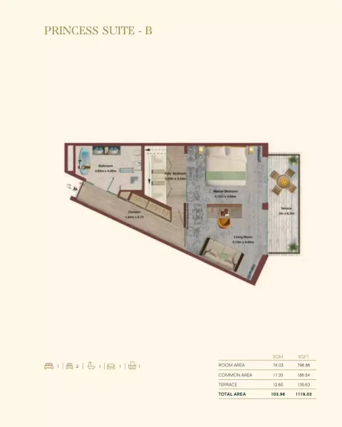 Floor plan, 1 Bed, 1,119 sq ft