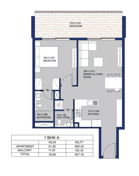 Floor plan, 1 Bed, 857 sq ft