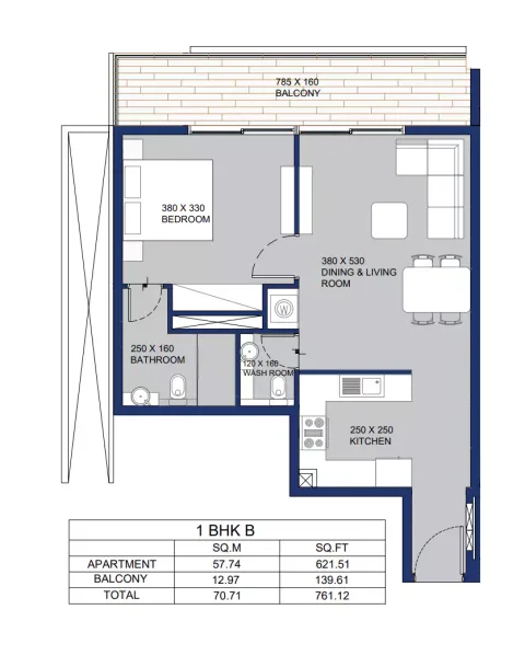 Floor plan, 1 Bed, 761 sq ft