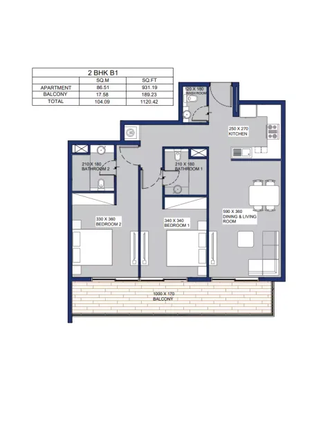 Floor plan, 2 Beds, 1,120 sq ft