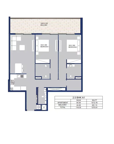 Floor plan, 3 Beds, 1,273 sq ft