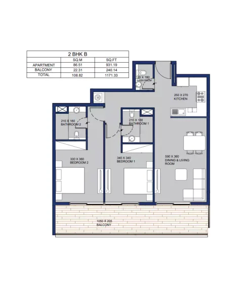 Floor plan, 2 Beds, 1,171 sq ft