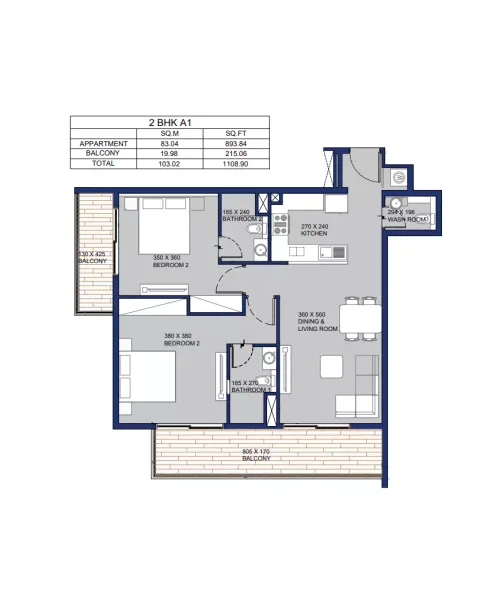 Floor plan, 2 Beds, 1,108 sq ft