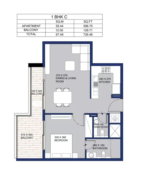Floor plan, 1 Bed, 726 sq ft