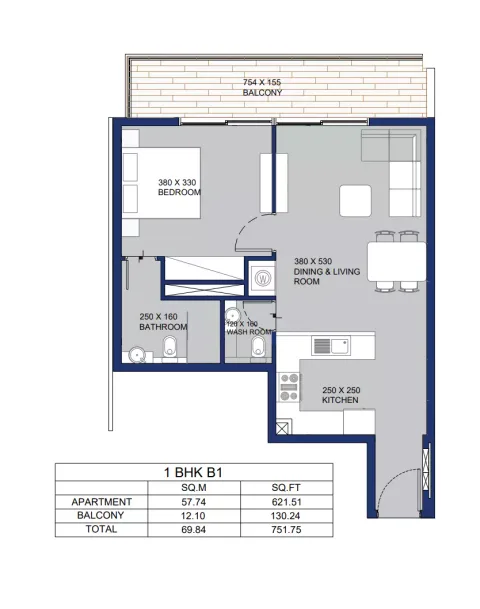 Floor plan, 1 Bed, 751 sq ft