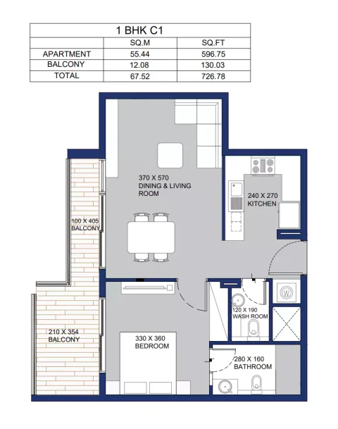 Floor plan, 1 Bed, 726 sq ft