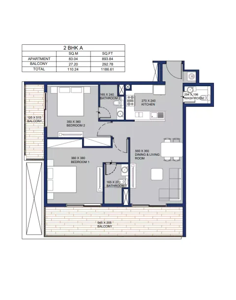 Floor plan, 2 Beds, 1,186 sq ft