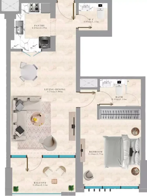 Floor plan, 1 Bed, 736 sq ft