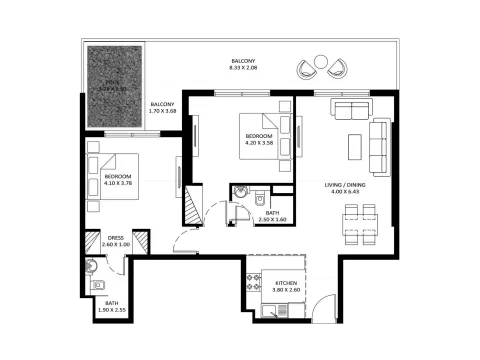 Floor plan, 2 Beds, 1,269 sq ft