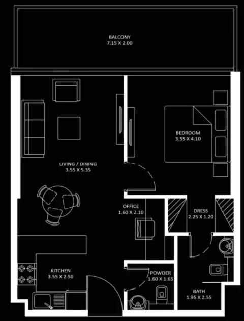 Floor plan, 1 Bed, 733 sq ft