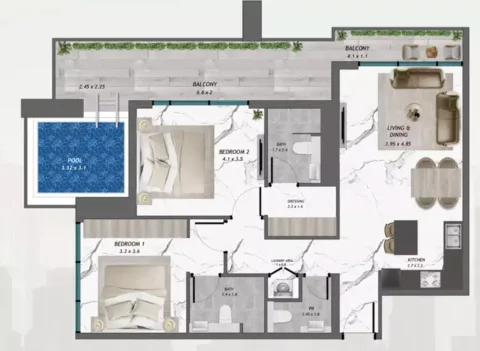 Floor plan, 2 Beds, 1,215 sq ft