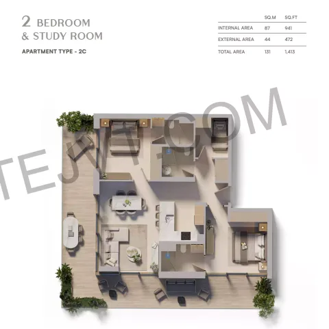 Floor plan, 2 Beds, 1,413 sq ft