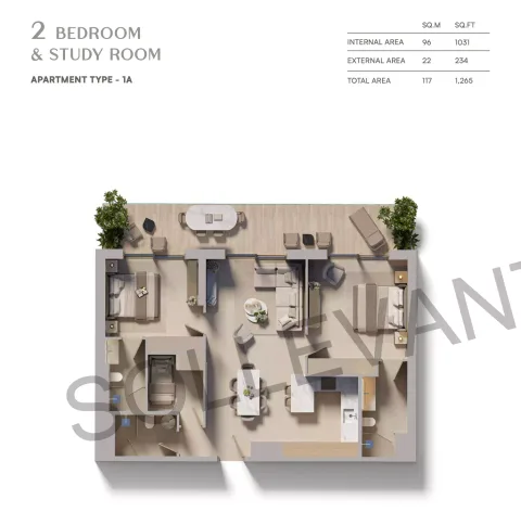 Floor plan, 2 Beds, 1,265 sq ft