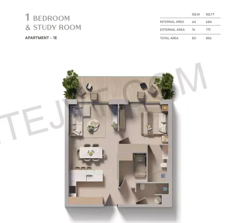 Floor plan, 1 Bed, 856 sq ft