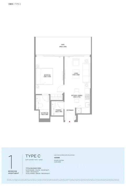 Floor plan, 1 Bed, 659 sq ft