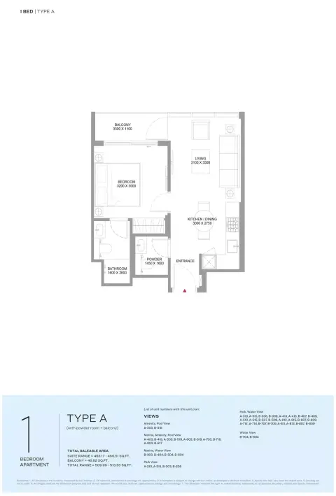Floor plan, 1 Bed, 509 sq ft