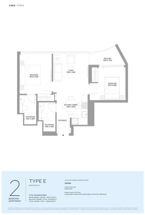 Floor plan, 2 Beds, 675 sq ft