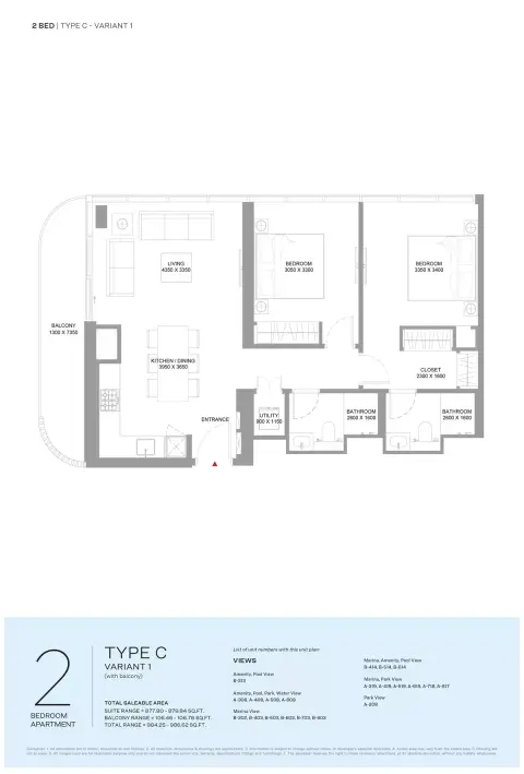 Floor plan, 2 Beds, 984 sq ft