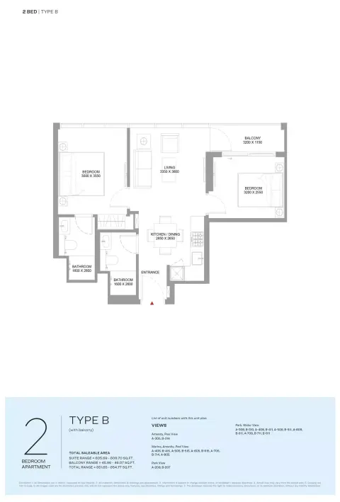 Floor plan, 2 Beds, 651 sq ft