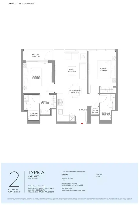 Floor plan, 2 Beds, 772 sq ft