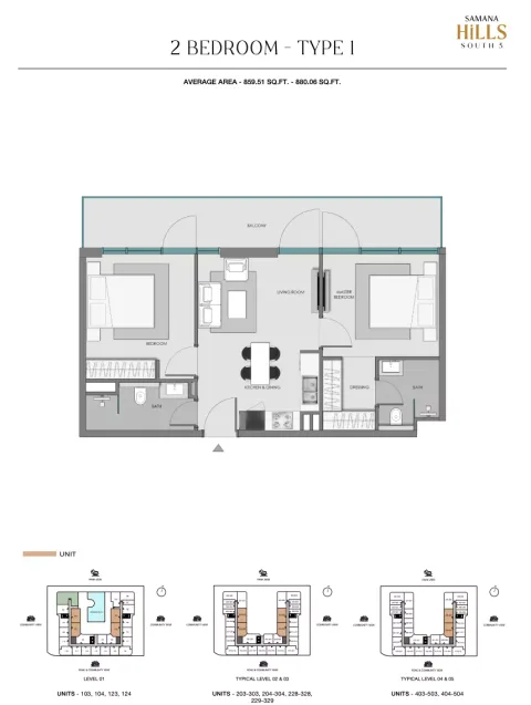 Floor plan, 2 Beds, 859 sq ft