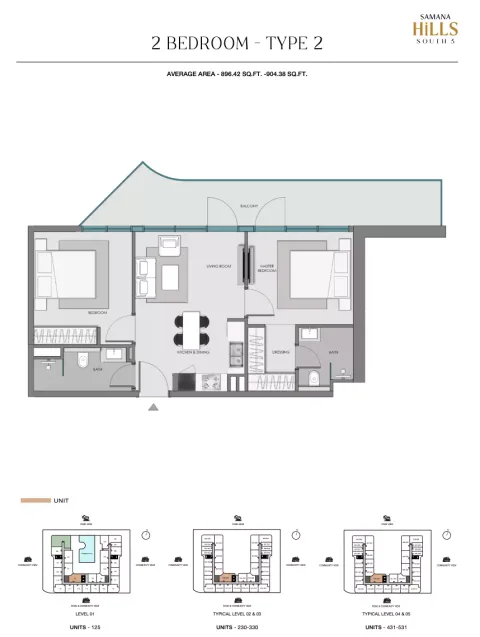 Floor plan, 2 Beds, 896 sq ft