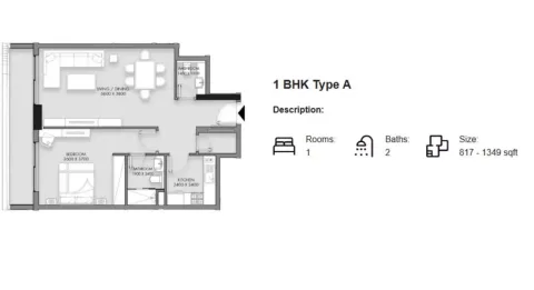 Floor plan, 1 Bed, 817 sq ft