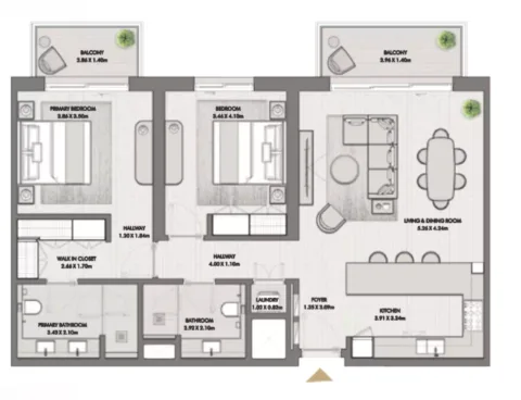 Floor plan, 2 Beds, 1,256 sq ft