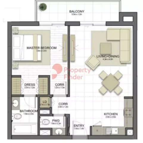 Floor plan, 1 Bed, 824 sq ft