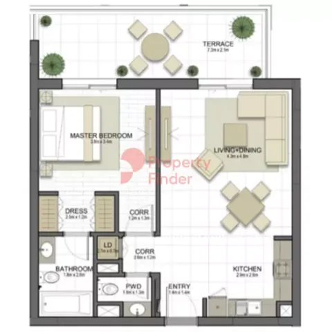 Floor plan, 1 Bed, 929 sq ft