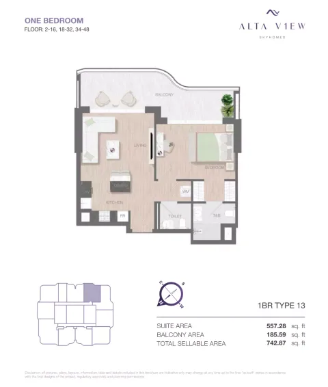 Floor plan, 1 Bed, 742 sq ft